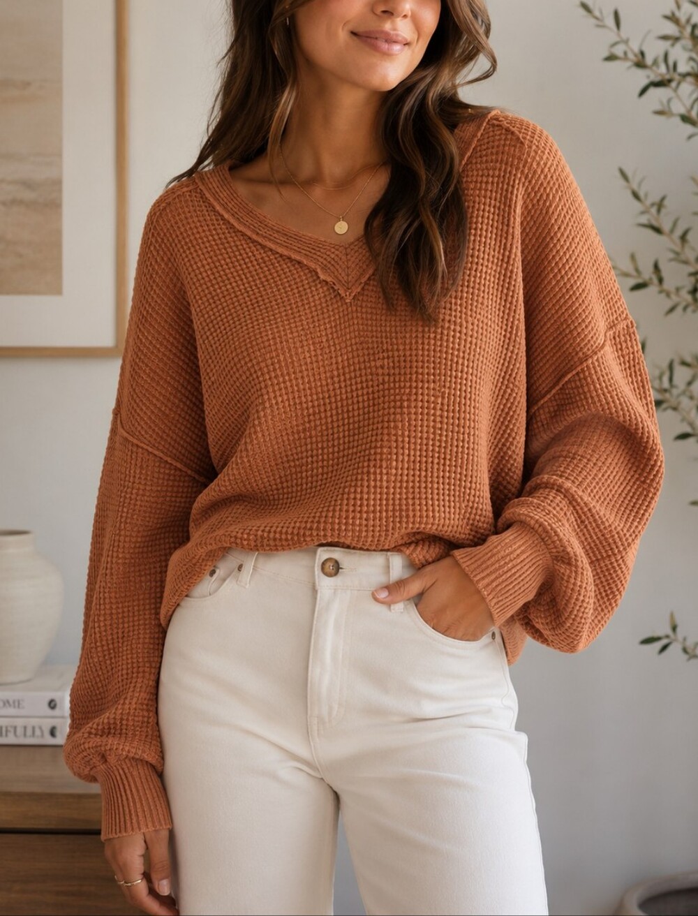 Bohme Waffle Knit V-Neck Oversized Soft Sweater Fall